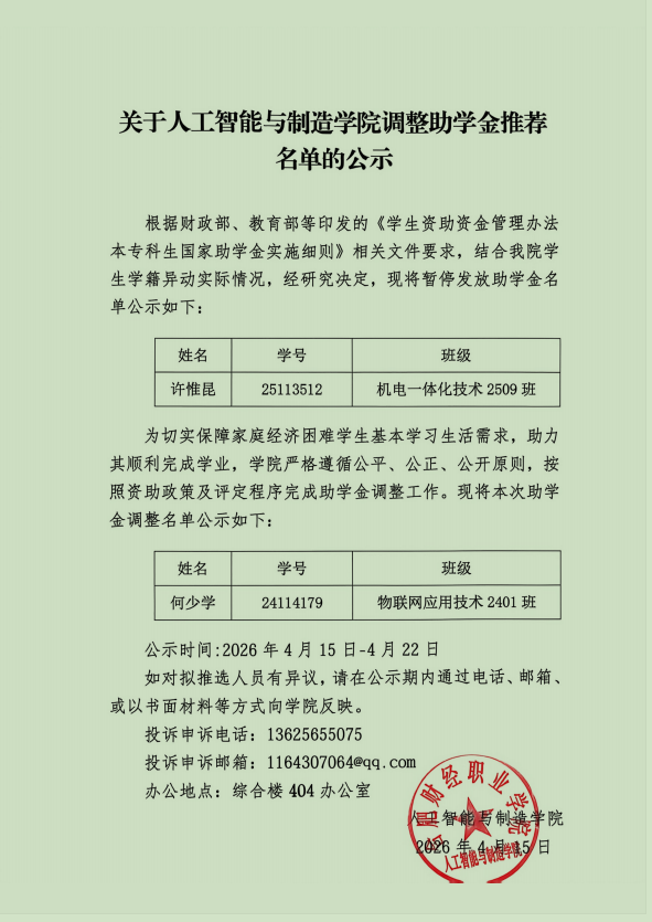 关于人工智能与制造学院调整助学金推荐 名单的公示